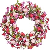 CIR OASES 22 Inch Valentines Day Wreath Pink Valentine's Day Wreaths for Front Door Tulip Wreath with Red Hearts and Berries for Valentine Wedding Anniversary Candlelight Dinner Indoors Outside