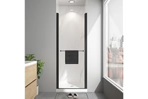 EASYWORC Frameless Pivot Shower Door 24"-26" W x 72" H, Swing Shower Glass Doors with Nano Explosion-Proof Film Tempered Glass 1/4"(6mm) Reversible Installtion, Matte Black Finish