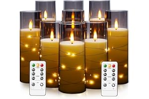 kakoya Flameless LED Candles with Timer 9 Pc Flickering Flameless Candles for Romantic Ambiance and Home Decoration Stable Acrylic Shell,with Embedded Star String，Battery Operated Candles（Grey）