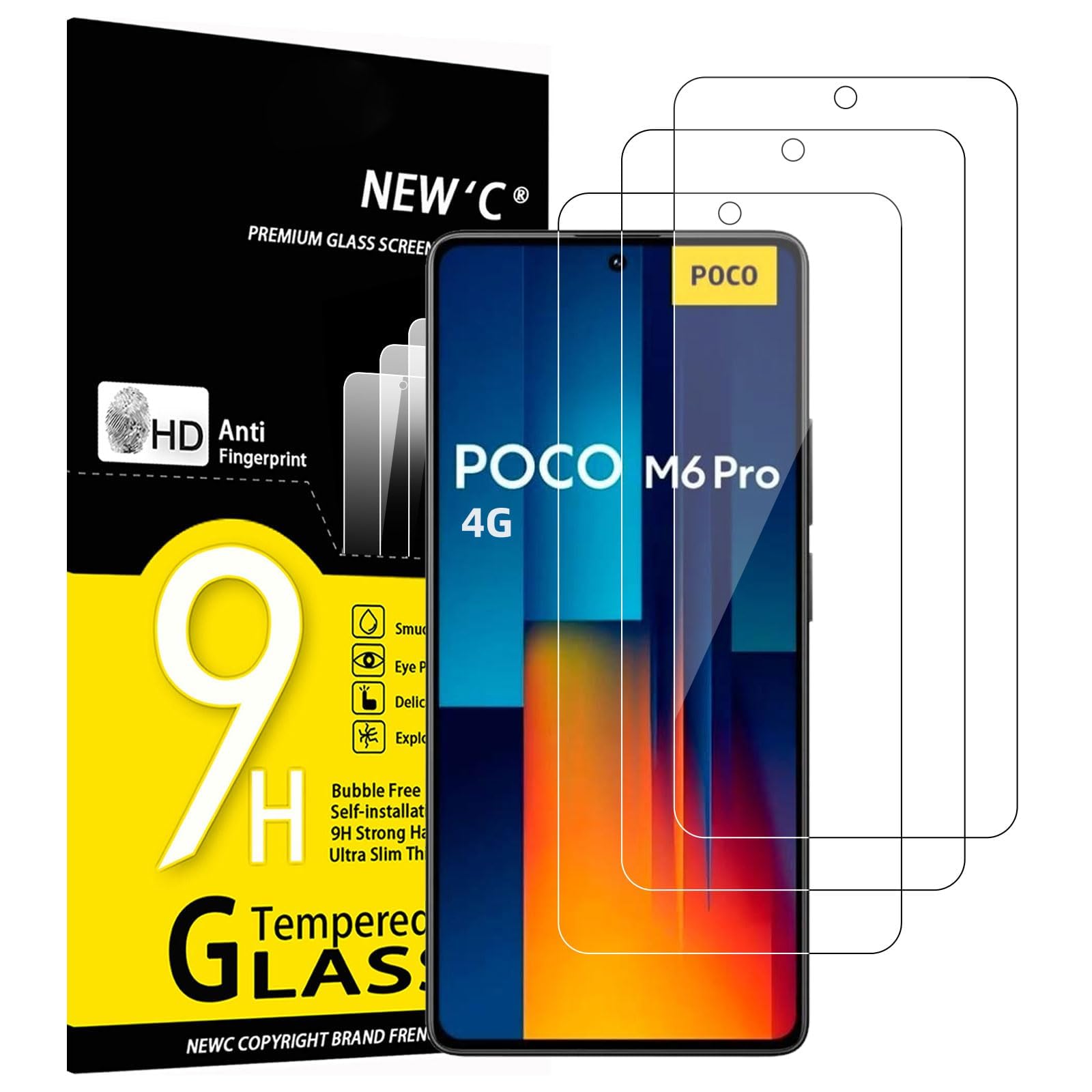 NEW'C 3 Pack Designed for Xiaomi Poco M6 Pro 4G Screen Protector, (No for 5G),Tempered Glass,Case Friendly Scratch-proof, Bubble Free, Ultra Resistant
