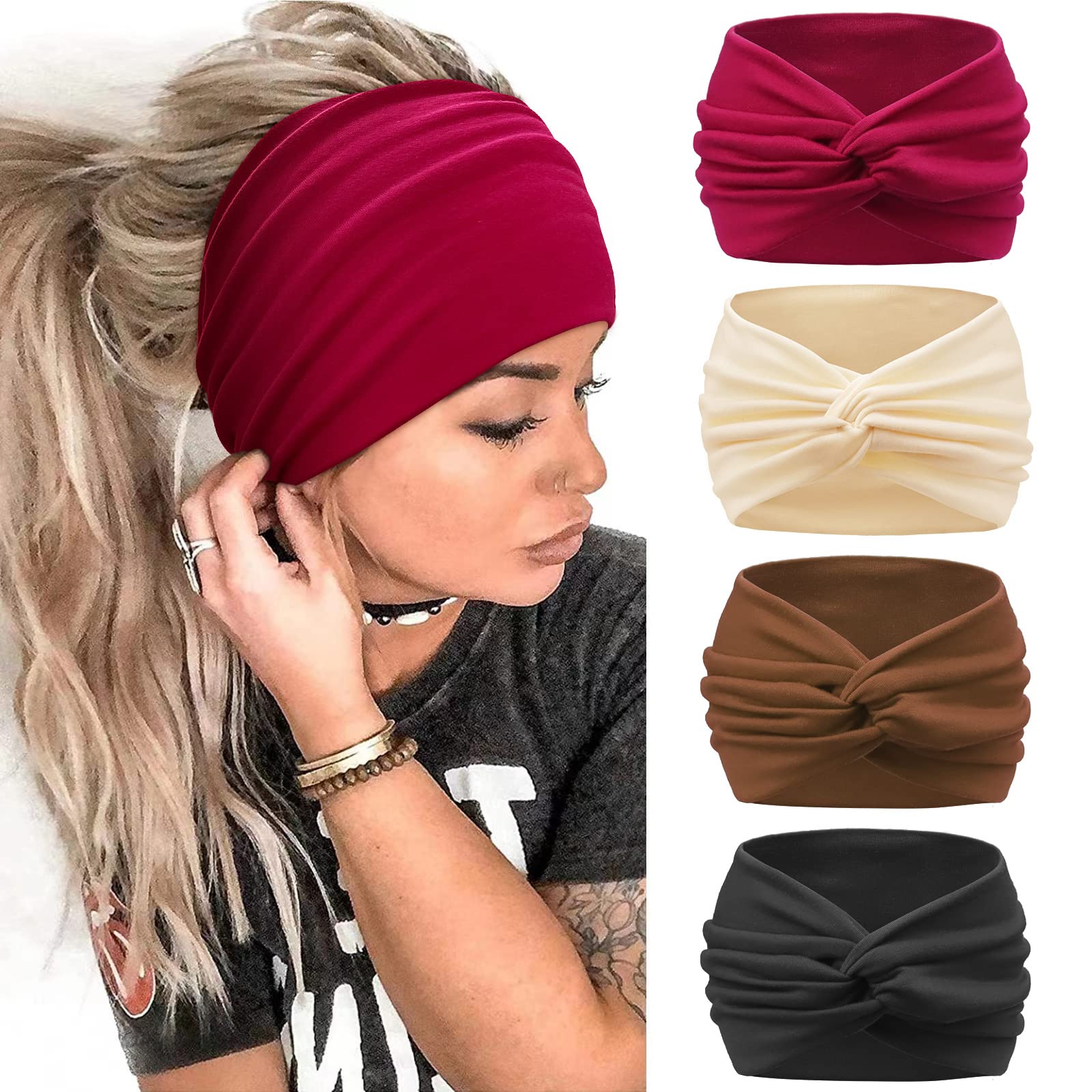 Kavya Wide Headbands For Women's Hair Soft Headband, Head Bands Adult Women Elastic Head Band, Knotted Hairbands Fashion Hair Accessories For Women (Red) — image 1