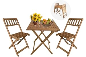 BLKMTY Patio Bistro Set 3-Piece Outdoor Patio Furniture Sets Folding Table and Chairs Acacia Wood Bistro Set Balcony Cafe Table Square Patio Table Chair for Front Porch, Garden, Deck, Backyard