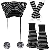 Y2K Cat Crochet Beanie Hat with Gloves and Socks, Acrylic Knit Soft Skin Friendly, Black Gray Stripe, Goth Grunge Warm Cute Fashion Accessory for Women Girls