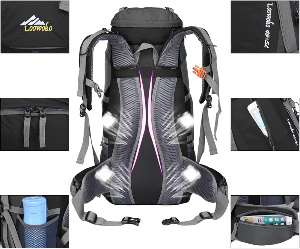 Loowoko Hiking Backpack 50L Travel Daypack Waterproof with Rain Cover for Climbing Camping Mountaineering (Black) : Sports & Outdoors
