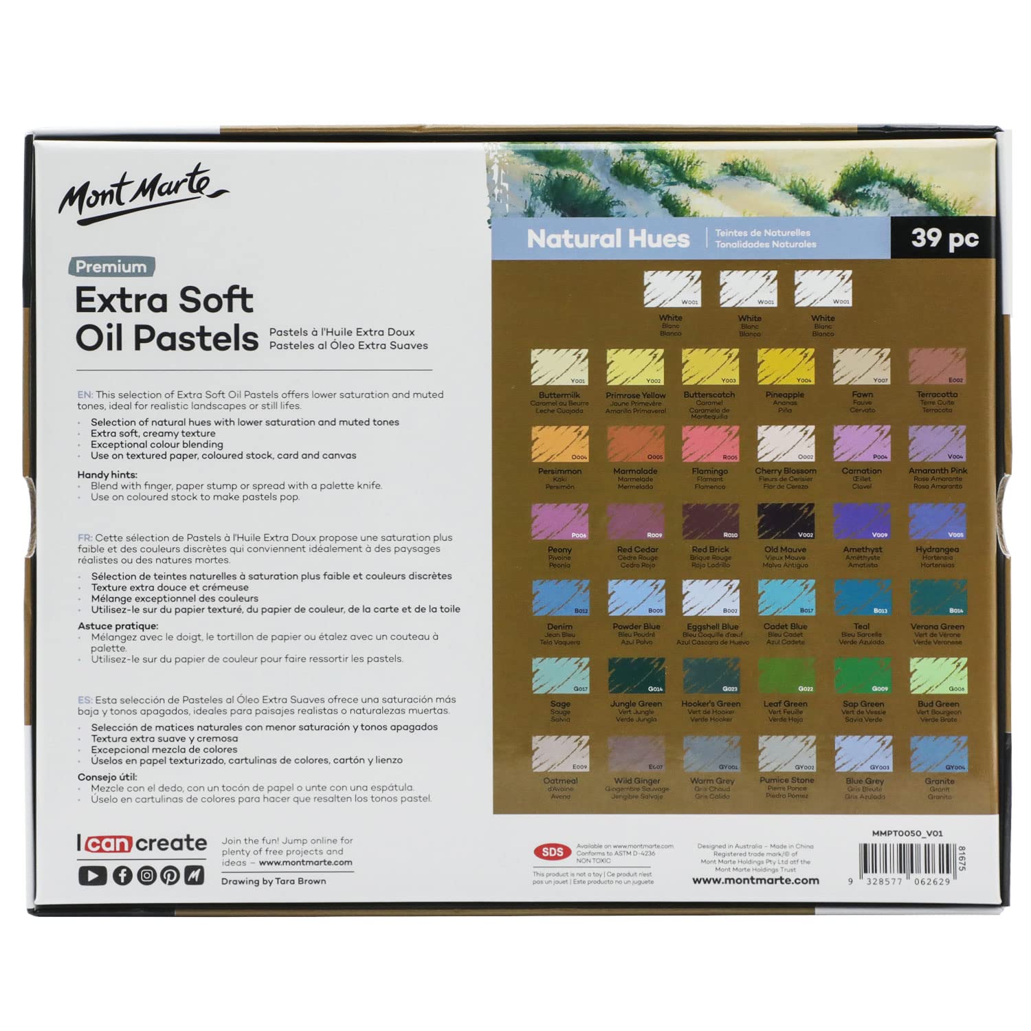 Mont Marte Extra Soft Oil Pastels Natural Hues Premium 39pc, Assorted Natural Oil Pastel Colors, Vibrant, Buttery, Versatile Art Pastels for Blending, layering & Shading, Coloring and Sketching