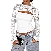 Women's Lace Long Sleeve Top Sexy Crew Neck Cutout Going Out Tops Y2K Double Lined Club Party Night Out Shirts