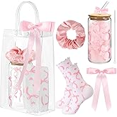Yetene 5 Pcs Coquette Pink Bow Gift Set with 16 oz Glass Cup, Ruffle Socks, Satin Hair Scrunchie, Hair Bow Clip, Clear Bag Gift Coquette Stuff for Women Girlfriend Birthday