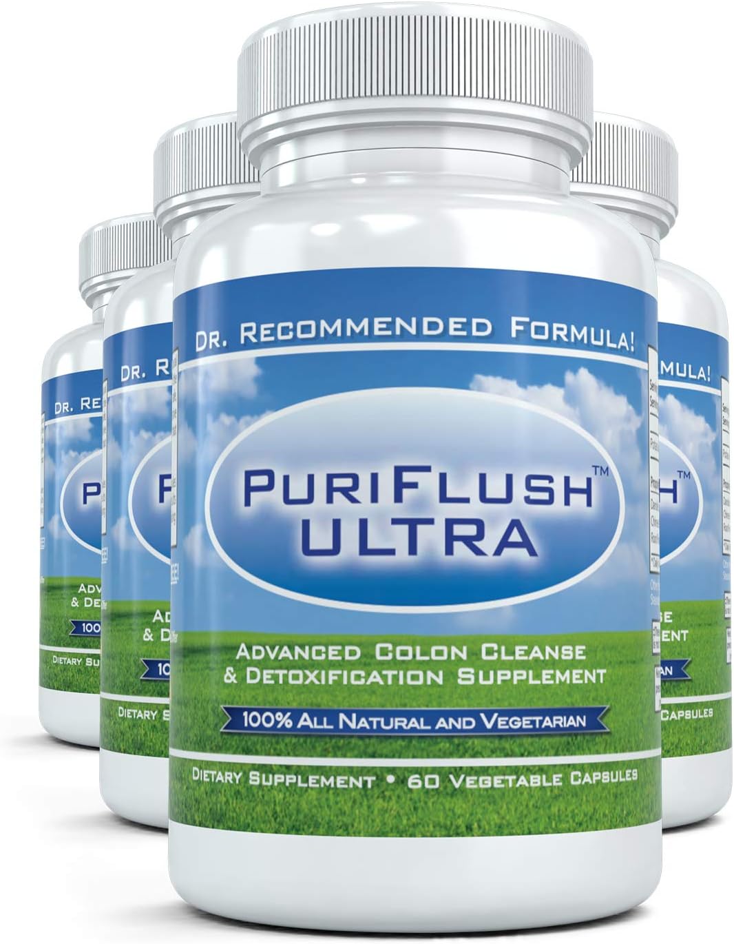 PURIFLUSH ULTRA (4 Bottles) - Advanced All Natural Colon Cleanse Formula - Intestinal Detox Supplement for Cleansing, Weight Loss, Diet Support & Bloat, 60 Capsules per Bottle