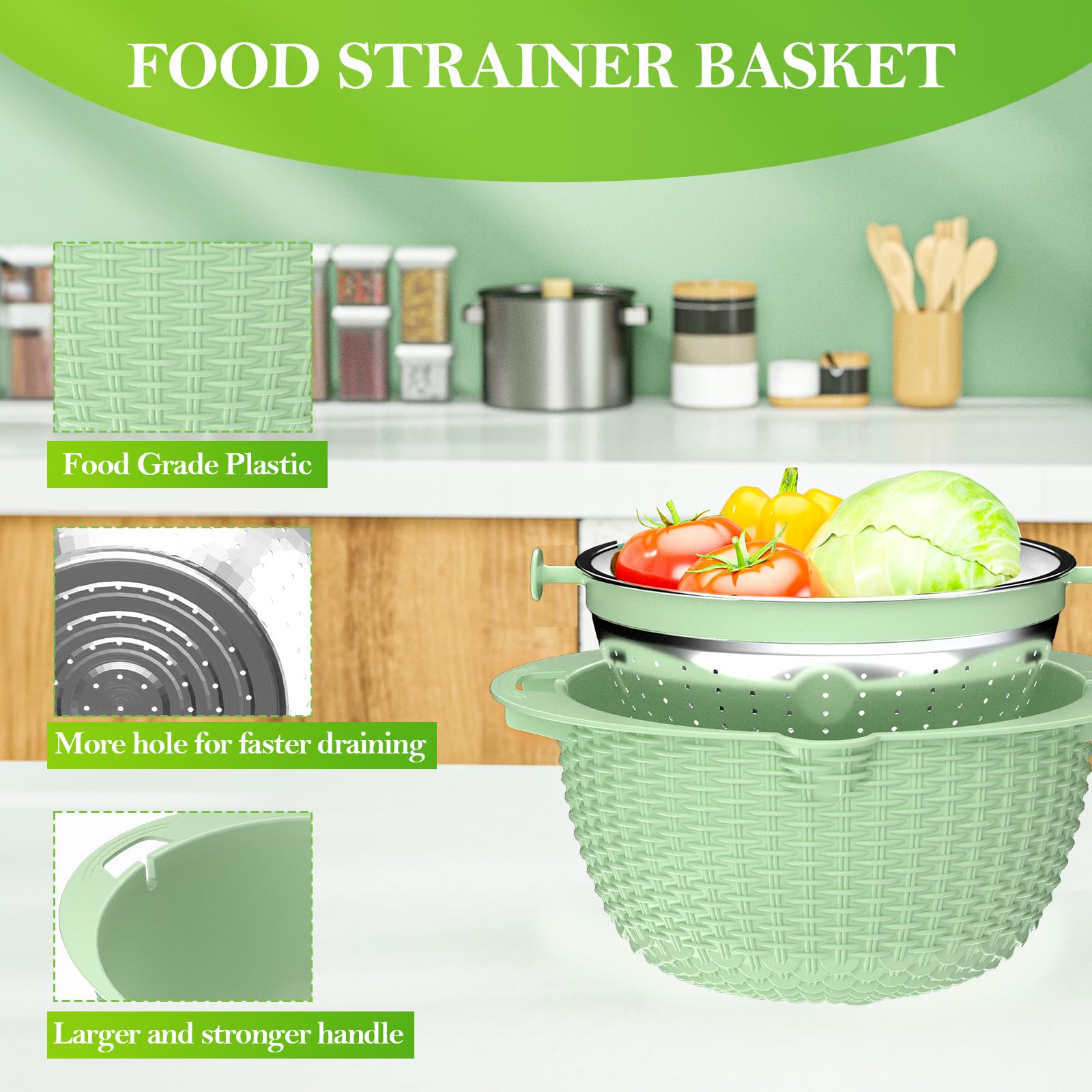 4-1 Colander with Bowl Set - Strainers for Kitchen, Food Strainers and Colanders, Pasta Strainer, Rice Strainer, Fruit Cleaner, Veggie Wash, Salad Spinner, Aesthetic Kitchen Essentials - Green