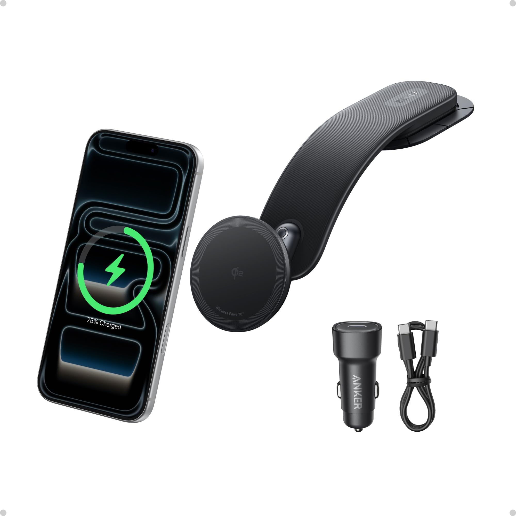 Anker Nano Magnetic Wireless Car Charger, 360° Adjustable Mount Car Charger with Detachable Pad, 15W Qi2 Certified with Alloy Bracket, Fast Charging for iPhone 17/16/15/14/13 Series (Adapter Included)