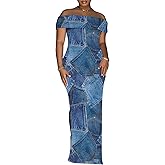 Yuopeid Women's Sexy Off Shoulder Bodycon Maxi Dresses Fashion Printed High Split Clubwear Party Long Dress