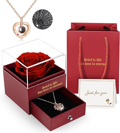 ADAZ Preserved Real Rose Gift Box with I Love You Necklace