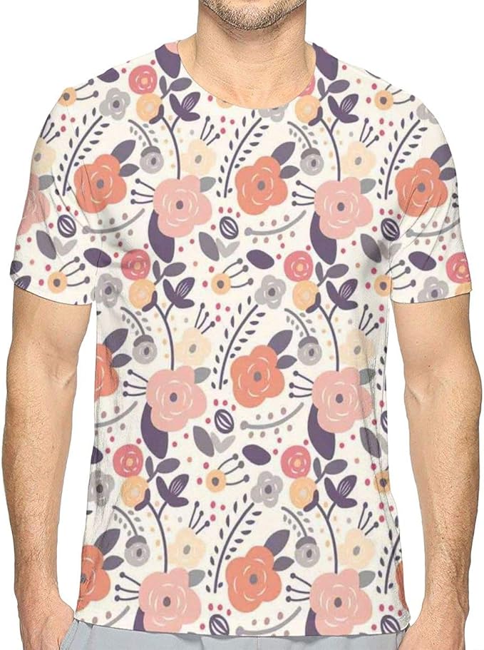 Mens TShirt,Vintage Pastel Colors of Abstract Floral Image with Doodle
