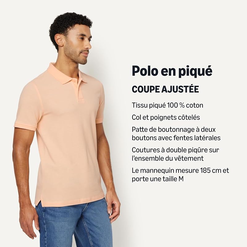 Polo en Coton Piqué Coupe Ajustée Homme, Pêche Pâle, M