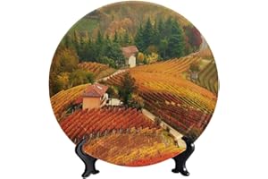 LIGUTARS Tuscany Italy Round Decorative Plate, Autumn Plains Ceramic Decorative Plate, with Vertical Stand Porcelain Plate, Decorative Dish for Display Handmade Ceramic Wall Hanging Decors
