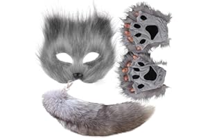 Valpeak Therian Mask and Tail Set for Girls Halloween Cat Mask Tail Cosplay Fox Mask Wolf Tail Over 1 Years Old