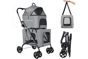 Petmolico Double Pet Stroller for 2 Cats/Dogs Strollers,2 Detachable Cat Carrier,No-Zip Double Pet Travel Storller for Small/Medium Dogs(Grey&Black)