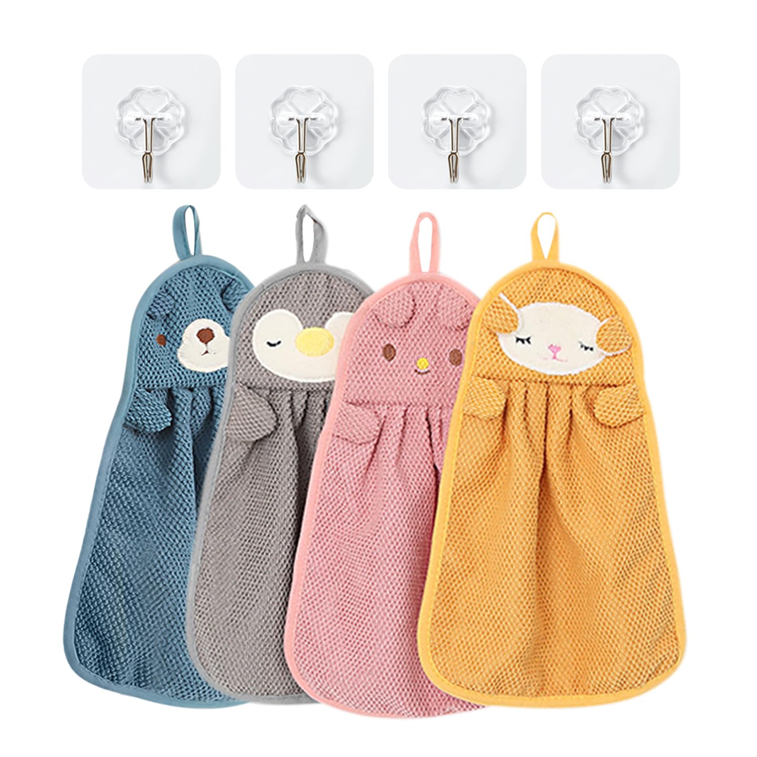 TYGFRT 4 Pieces Cartoon Hand Towels, 4 Pieces Hooks, Towels For Kids, Quick Drying Towels, Microfiber Towels, Quick Drying Towels For Kids, Towel Animals, Reusable Absorbent Towels