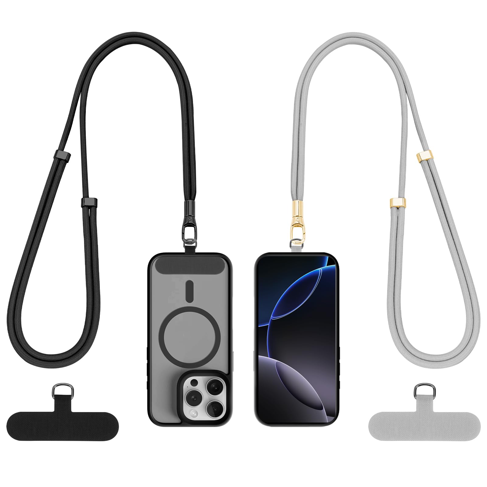 Photo 1 of Dadanism Phone Lanyard 2 Pack, 2x Adjustable Crossbody Phone Strap, 2x Tether Tab, Anti-theft Universal Cellphone Multifuctional Patch Lanyards for iPhone & Most Smartphones, Black + Silver Gray