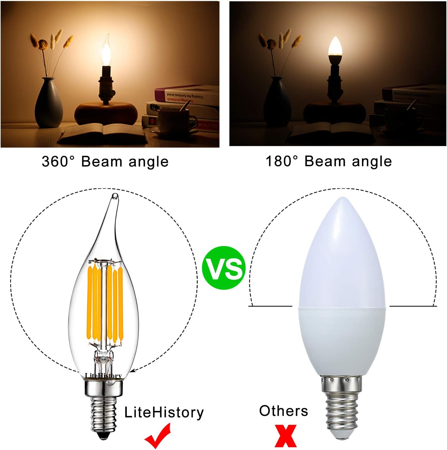 LiteHistory Dimmable B10 led Bulb 6W Equal 60W led Candelabra Bulb 2700k Clear e12 Edison Bulb for Chandelier Light Bulbs and Ceiling Fan Light Bulbs AC120V 600lm b11 led Bulb Torpedo 6Pack - - 