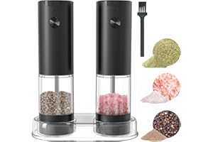 Electric Salt and Pepper Grinder Set, COKUNST Battery Powered Pepper Mills with 3.2oz Large Capacity, Automatic Salt & Pepper Mill Sets with Base, LED Light & Adjustable Coarseness Black (Set of 2)