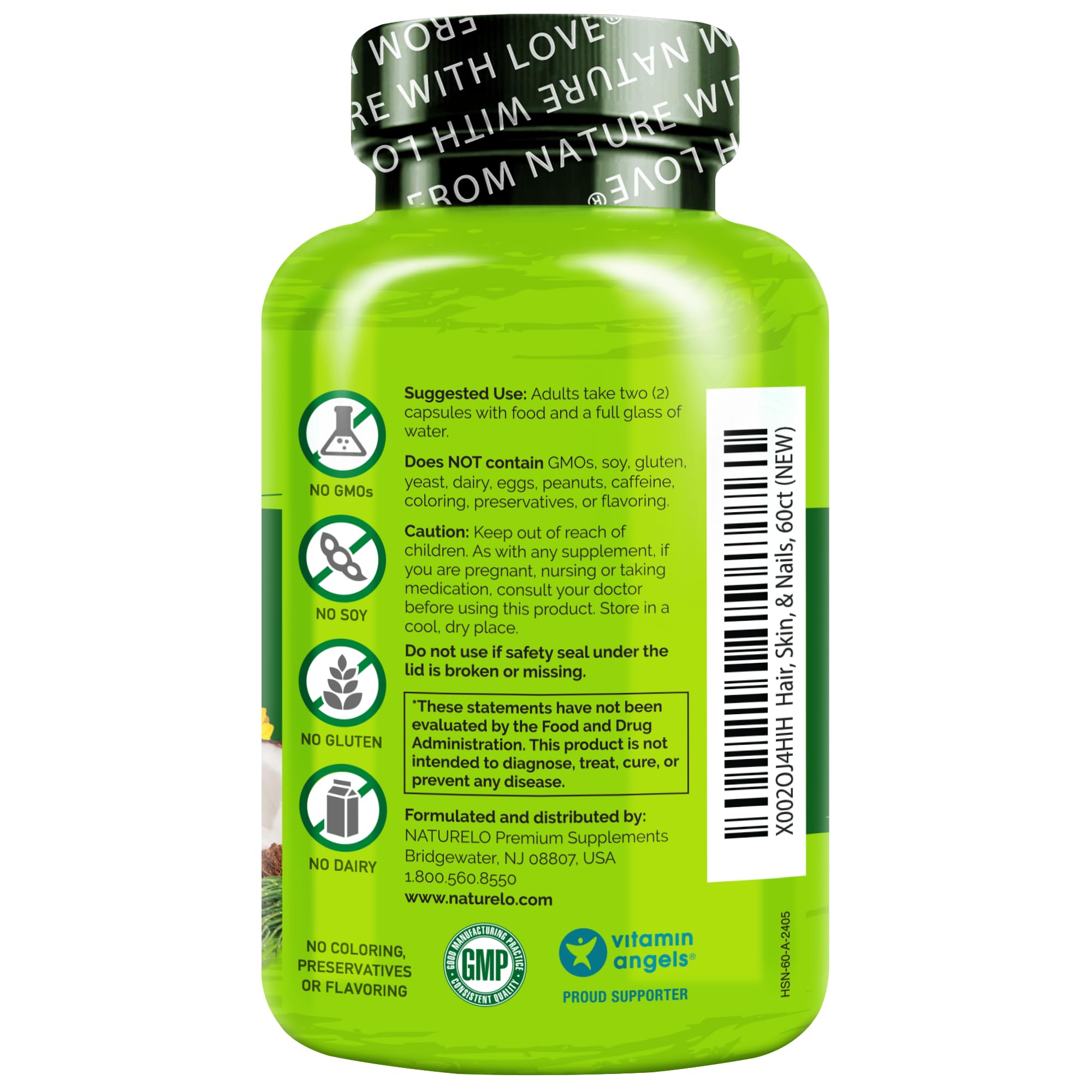 NATURELO Hair, Skin and Nails Multivitamin - 5000 mcg Biotin, Collagen, Natural Vitamin E - Supplement for Healthy Skin, Hair Growth for Women and Men – 60 Capsules