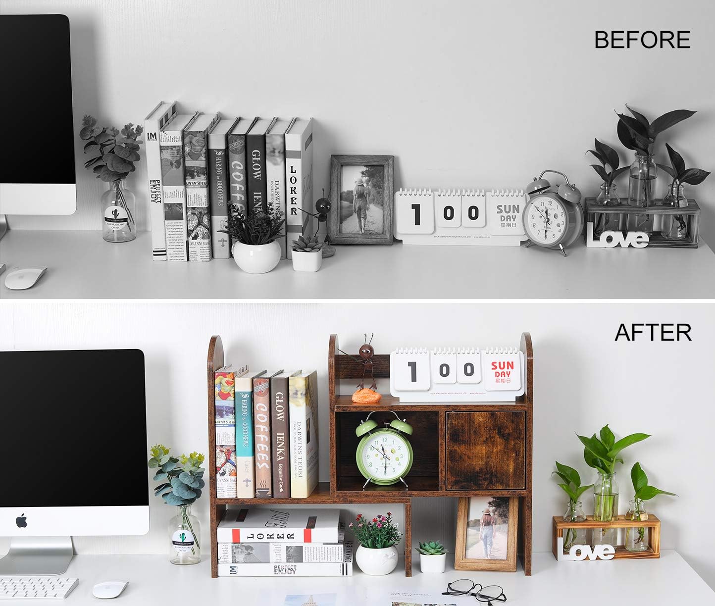 PAG Adjustable Desktop Shelf Countertop Bookshelf Bookcase Wood Desk Organizer Office Supplies and Accessories Storage Display Rack, Antique Brown : Office Products