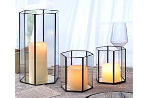 LAMORGIFT 3 Pack Glass Hurricane Candle Holders | Black- 11"| 5.1"| 5.1" Black Lanterns Decorative Indoor Outdoor, Vintage Candle Holders for Fall Table Centerpieces Decor, Black Candle Holders for Halloween