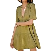 R.Vivimos Womens Summer Cotton Flowy Mini Dress V Neck Short Sleeve Boho Ruffle Tiered Casual Loose Tunic Dress