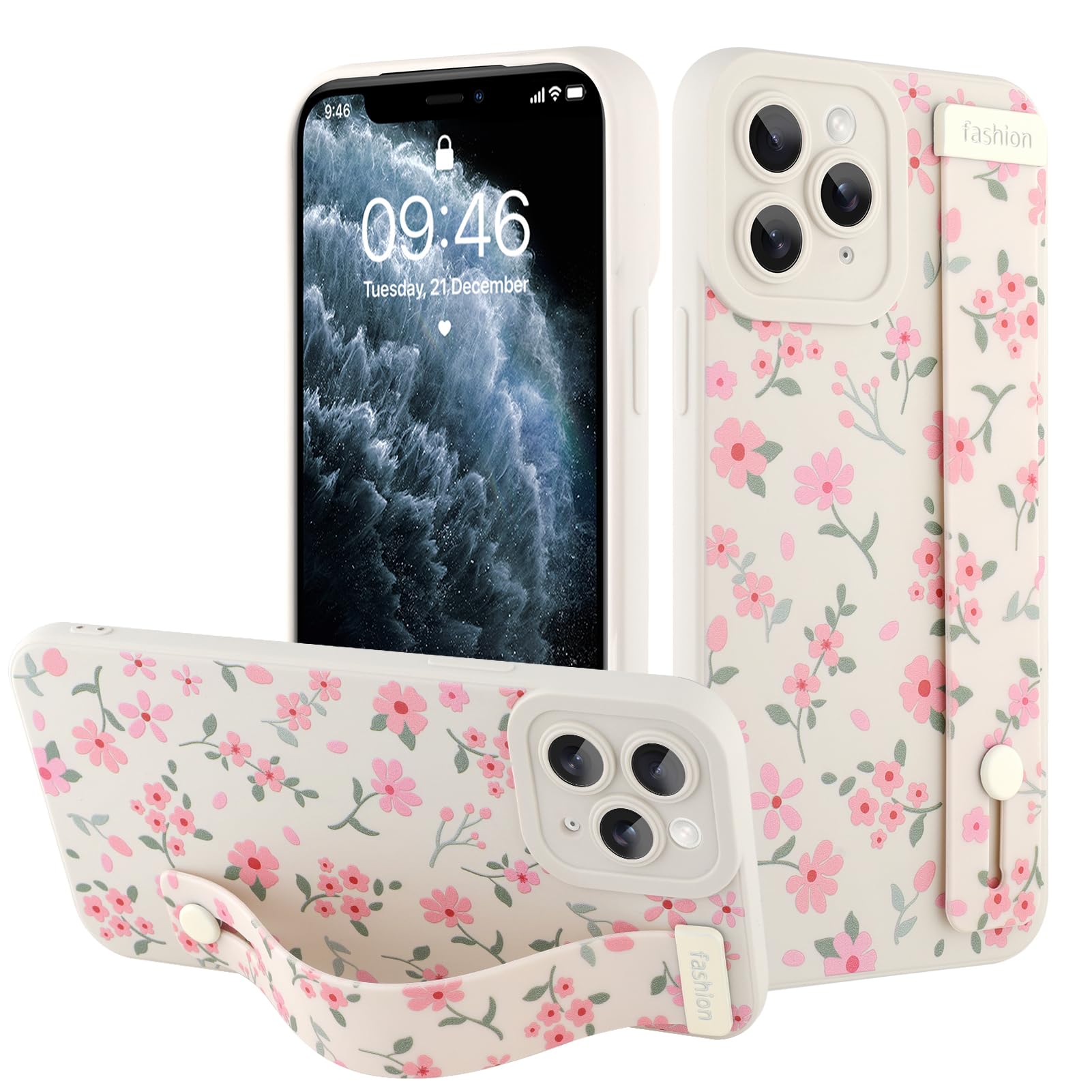 AIGOMARA for iPhone 11 Pro Max Case with Strap for Women Girls, Cute Pink Floral Flowers Pattern, Soft Wristband Kickstand Silicone Protective Cover, White