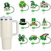 10Pcs St. Patrick's Day Straw Cover Cap for Stanley Cup Cute Shamrock Hat Gnomes Pattern Reusable Silione Straw Toppers Irish Green Straw Topper Straw Covers for St Patricks Day Gifts(10mm)