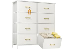 YILQQPER Tall Dresser for Bedroom with 8 Drawers, Chest of Drawers for Closet, Living Room, Hallway, Nursery, White Dresser with Sturdy Steel Frame, Fabric Bins, Leather Finish, Wood Top, White