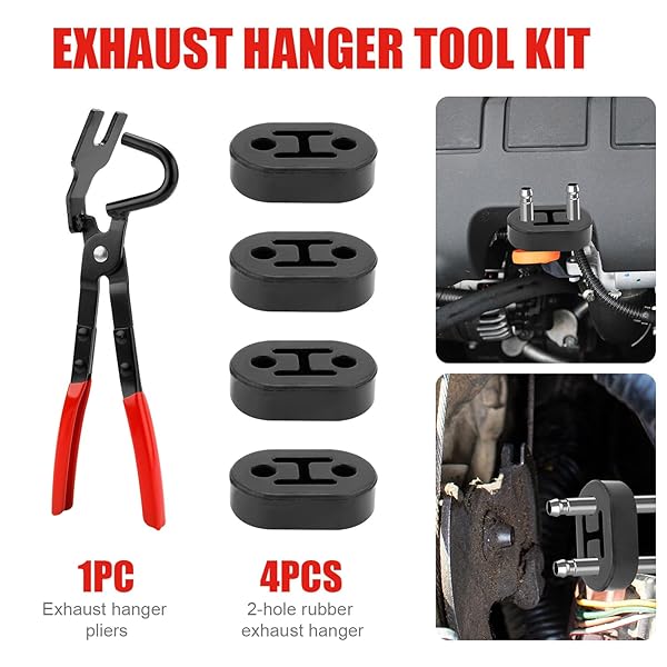 GOSKNOR EXHAUST HANGER PLIERS & 4PCS 2 HOLE RUBBER EXHAUST HANGERS, EXHAUST HOOK WRENCH UNIVERSAL MUFFLER HANGER PLIERS TOOL KIT COMPATIBLE WITH CAR AND TRUCK EXHAUST SYSTEMS