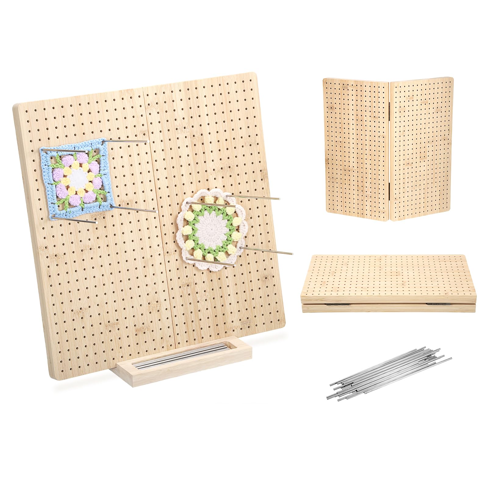 OGANAZI Foldable Crochet Blocking Board, Wooden Knitting Mat With 30 Pcs Stainless Steel Pegs, Large Granny Square for Crocheting Projects, Gifts for Mom, 38*38*2cm