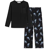 Arshiner Boys Loose-fit Pajamas Long Sleeve Top and Pants Car Print Black 2 Piece Pajama Set for Big Boys 12-13 Years