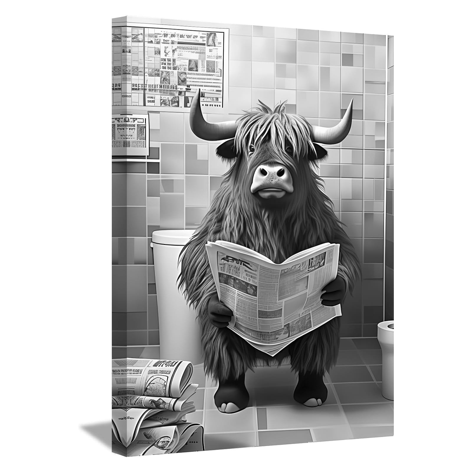 LZIMU Funny Bathroom Wall Decor Highland Cow Sitting on Toilet Reading Newspaper Canvas Prints Black and White Animals Posters Framed (Bathroom-1, 16"x24")