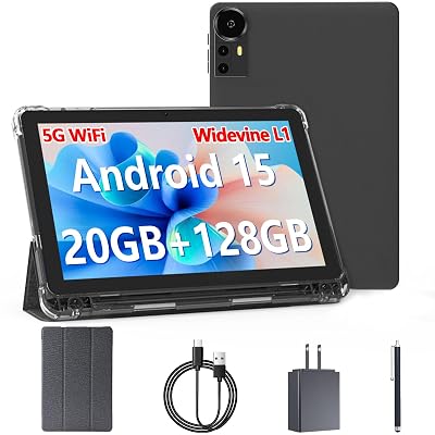 Android 15 Tablet 10 inch Tablets, 20GB RAM 128GB ROM 2TB Expand, 2.0Ghz CPU Quad-Core Processor Tablet PC with Case and Stylus, 5G WiFi6, BT5.0, 6000mAh Battery, Dual Camera, Widevine L1, GMS, Black