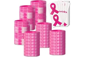 CHEROO Bundle of 48 Pcs Die Cut Pink Ribbon Stickers and 48 Pcs Pink Ribbon Camouflage Breast Cancer Awareness Bracelets in 2 designs, Faith Courage Believe Silicone Wristband
