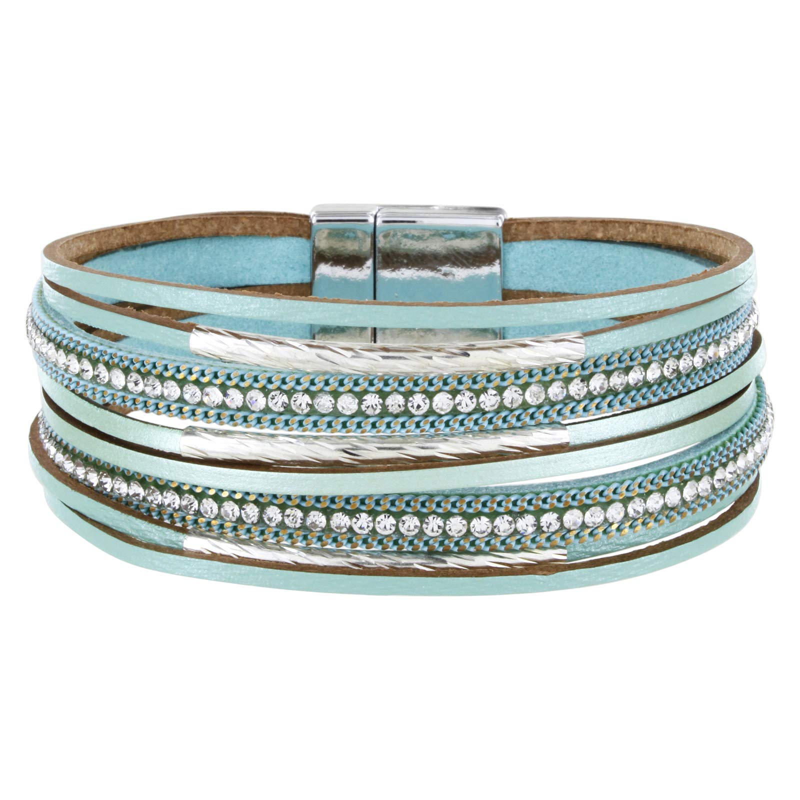 StarAppeal Women's Leather Bracelet with Rhinestones, Chains and Jewellery Elements Magnetic Clasp Silver, 19 centimeters, Leather, Rhinestone