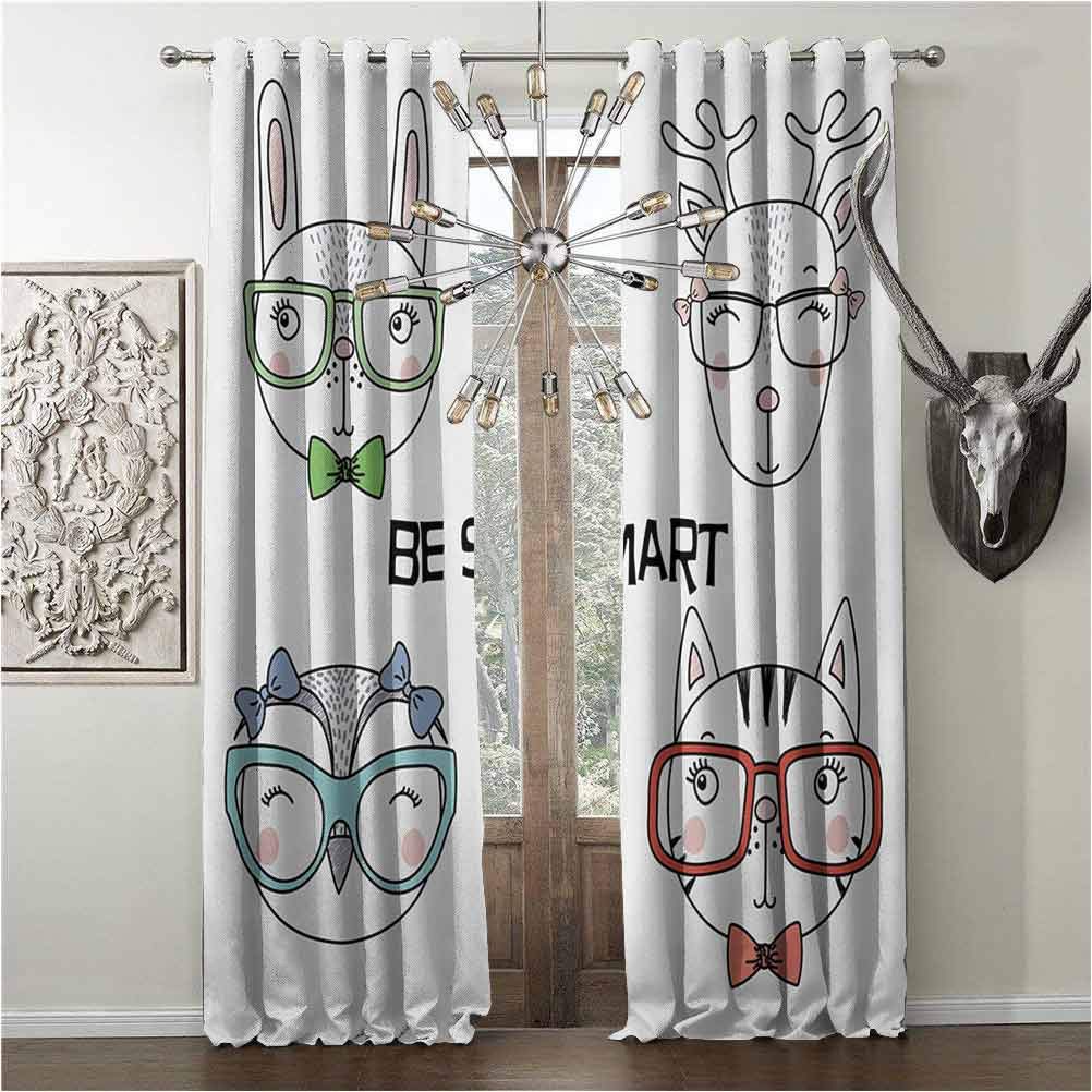 Blackout curtains for window, Quote, curtain for cafeteen, Set of Hand Drawn Funny Portraits of Cat Bunny Reindeer Owl in Glasses Be Smart Text, W120 x L108 Inch, Multicolor, grommets decorations,