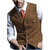 Aesido Casual Men's Vest for Wedding Plaid Soft Wool Tweed Waistcoat for Groosmen Best Man