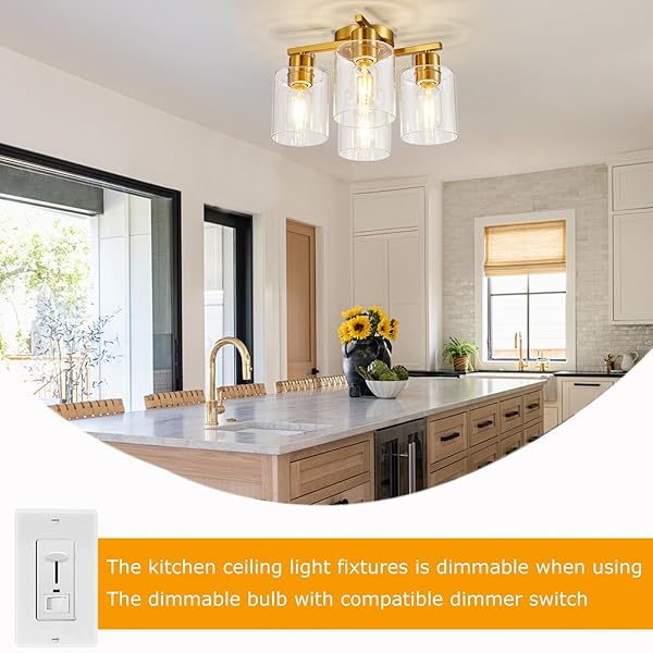 DIDUIO 4 LIGHT SEMI FLUSH MOUNT CEILING LIGHT BRUSHED GOLD KITCHEN LIGHTING FIXTURES CEILING BRASS HALLWAY CIELING LIGHTS FIXTURE WITH CLEAR GLASS SHADE FOR BEDROOM DINING ROOM
