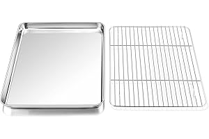 Toaster Oven Pan and Rack Set,P&P CHEF Toaster Oven Tray with Broiler Rack, Rectangle 12.5’’x9.7’’x1’’, Non Toxic & Healthy, Heavy Duty & Rust free - Dishwasher Safe