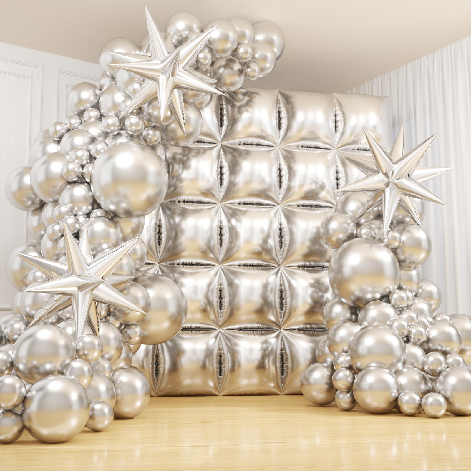 Photo 1 of 152PCS Chrome Silver Square Foil Balloons Backdrop Wall, Double Sided Tunnel with Metallic Silver Balloon Arch Garland Kit for Graduation Disco Birthday Party Decorations