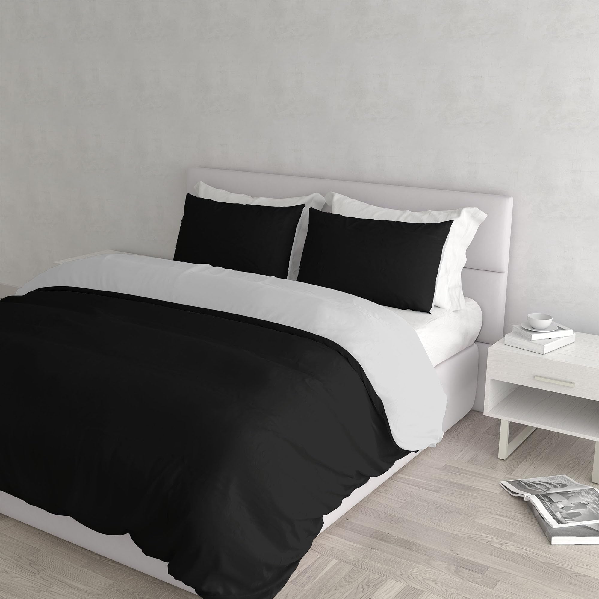 Italian Bed Linen Natural Color Duvet Cover Set with Doubleface Solid Colour Bag Sheet and Pillowcase, Black/Light Gray, double
