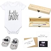 Surprise Pregnancy Announcements for Dad and Husband Pregnancy Test Keepsake Box Wooden Baby Announcement Box Hello Daddy Baby Bodysuit Infant Shoes Reveal Card Envelope Infant Gift Sets for Partner