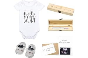 JIUGUVA Surprise Pregnancy Announcements for Dad Pregnancy Test Keepsake Box Wooden Baby Announcement Box Hello Daddy Baby Bodysuit Infant Shoes Reveal Card Envelope Infant Gift Sets for Husband Partne