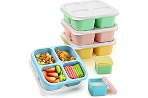 Caperci Lunchable Snack Containers - 4 Compartments Bento Snack Boxes (4 Pack) with 2 Leakproof Sauce Containers, Reusable Divided Food Containers for School, Work, Travel (Vintage Colors)