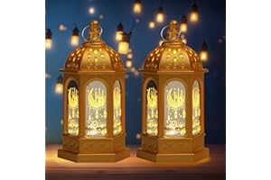 Hying 2 Pieces Eid Mubarak Lanterns Decoration 5.2" Height Hanging Lamp Ramadan Flameless Candle Holder with Transparent Glass Eid Mubarak Gifts Lantern for Home Tabletop Decor