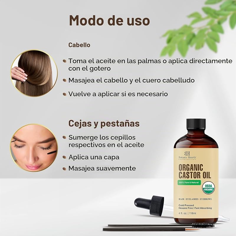 Aceite de ricino | 100% puro y natural, prensado en frío, orgánico | 118,3 ml | Para cabello, pestañas y cejas | Sin hexano | Absorción rápida | Con gotero y aplicadores